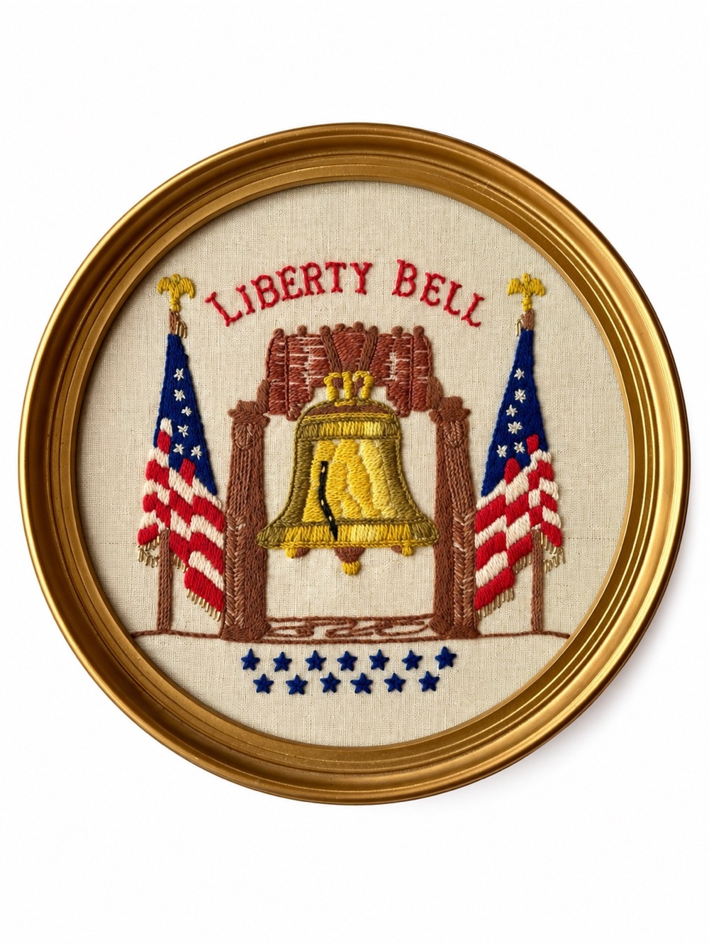 Vintage 1970s Americana Folk Art style crewel embroidery liberty bell history